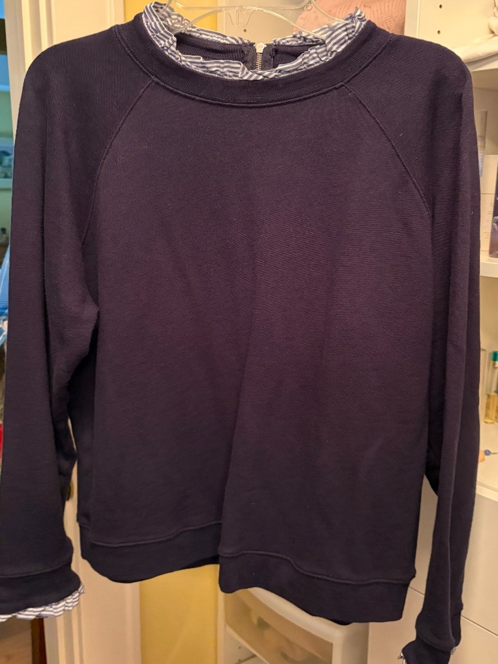 JCREW Navy Blue Sweatshirt with Pinstripe Blue/White Frilly Collar XL